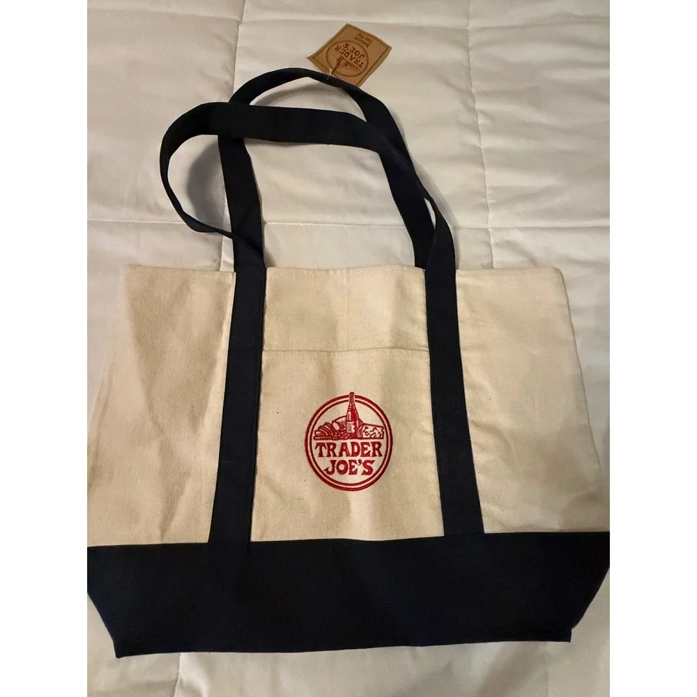 Trader Joe's Reusable Canvas Tote Bag Navy Blue Cream Embroidered Logo NWT